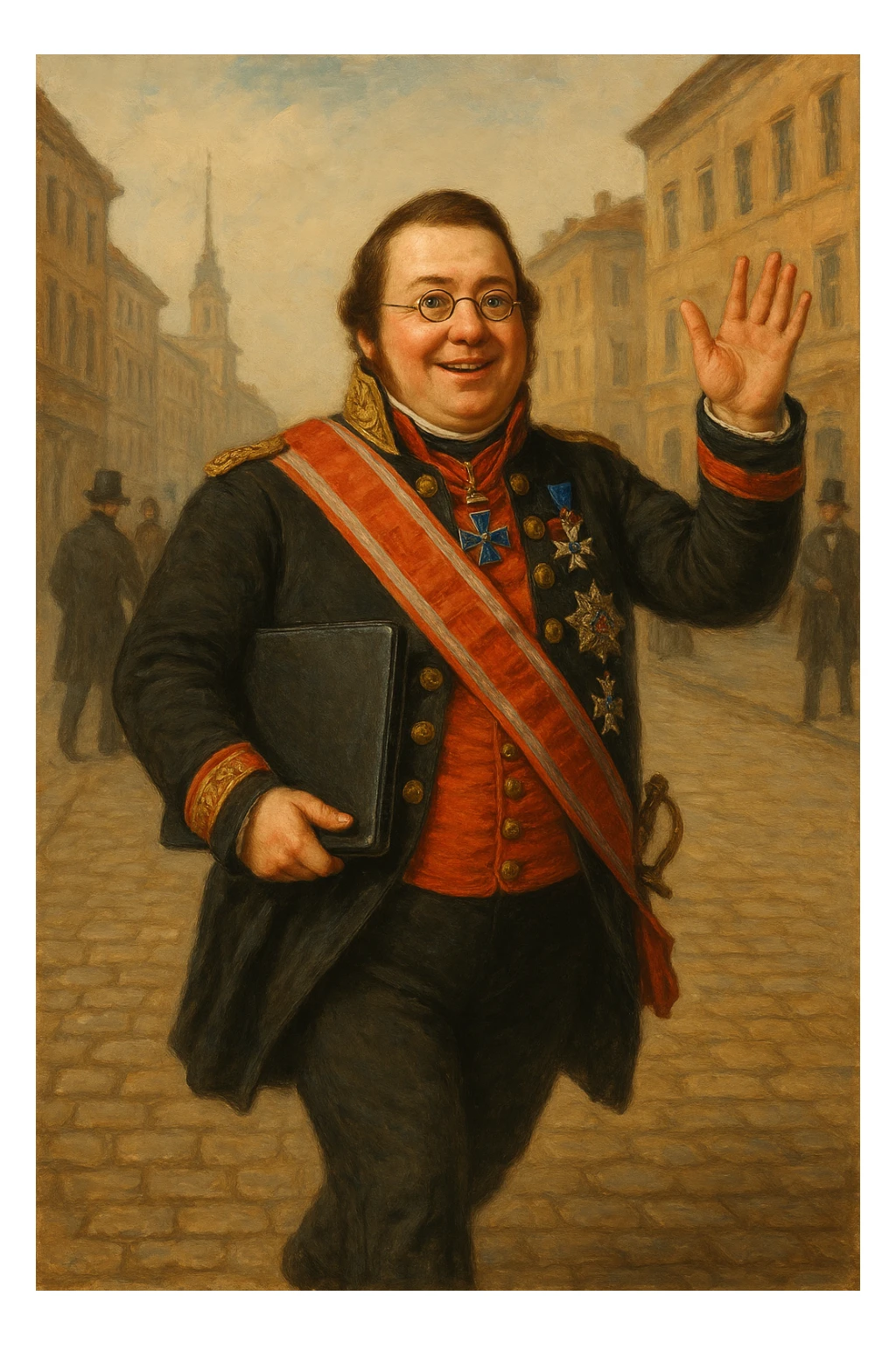 Павел Николаевич Демидов идёт с закрытым ноутбуком по улице города 19 века в руках улыбается и машет рукой вперед, рисованный стиль sticker