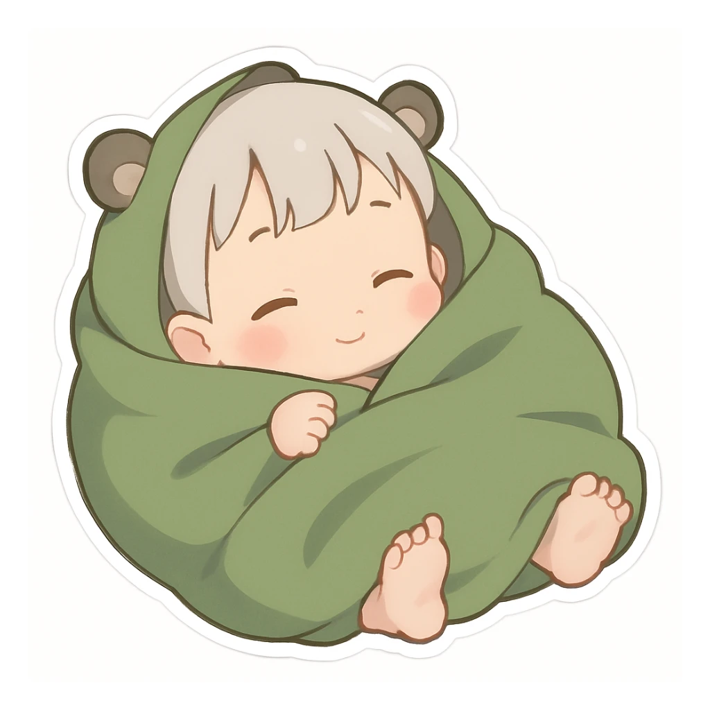 Draw a cute baby chibi body for this character, keeping her wrapped in a soft green blanket, with small hands or feet peeking out, in emoji sticker style with soft colors and an adorable expression. sticker