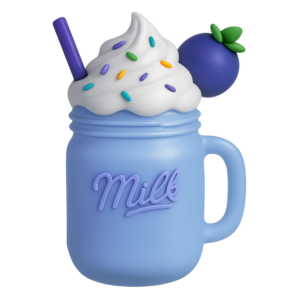 Change the image to a blueberry milkshake theme using cool blue and purple tones. Keep the mason jar, whipped cream, rainbow sprinkles, and blueberry on top. Remove the background. sticker