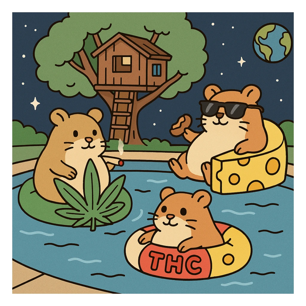 Discord server icon, square format, summer pool cookout scene with up to 3 hamsters floating on pool toys, weed leaf, cheese, and THC theme, near a treehouse, in space. Flat toon style, soft but colorful, bold outlines, nostalgic, fun, inviting, summer party vibe, clear composition, less vibrant colors, designed to look good even at tiny size. sticker