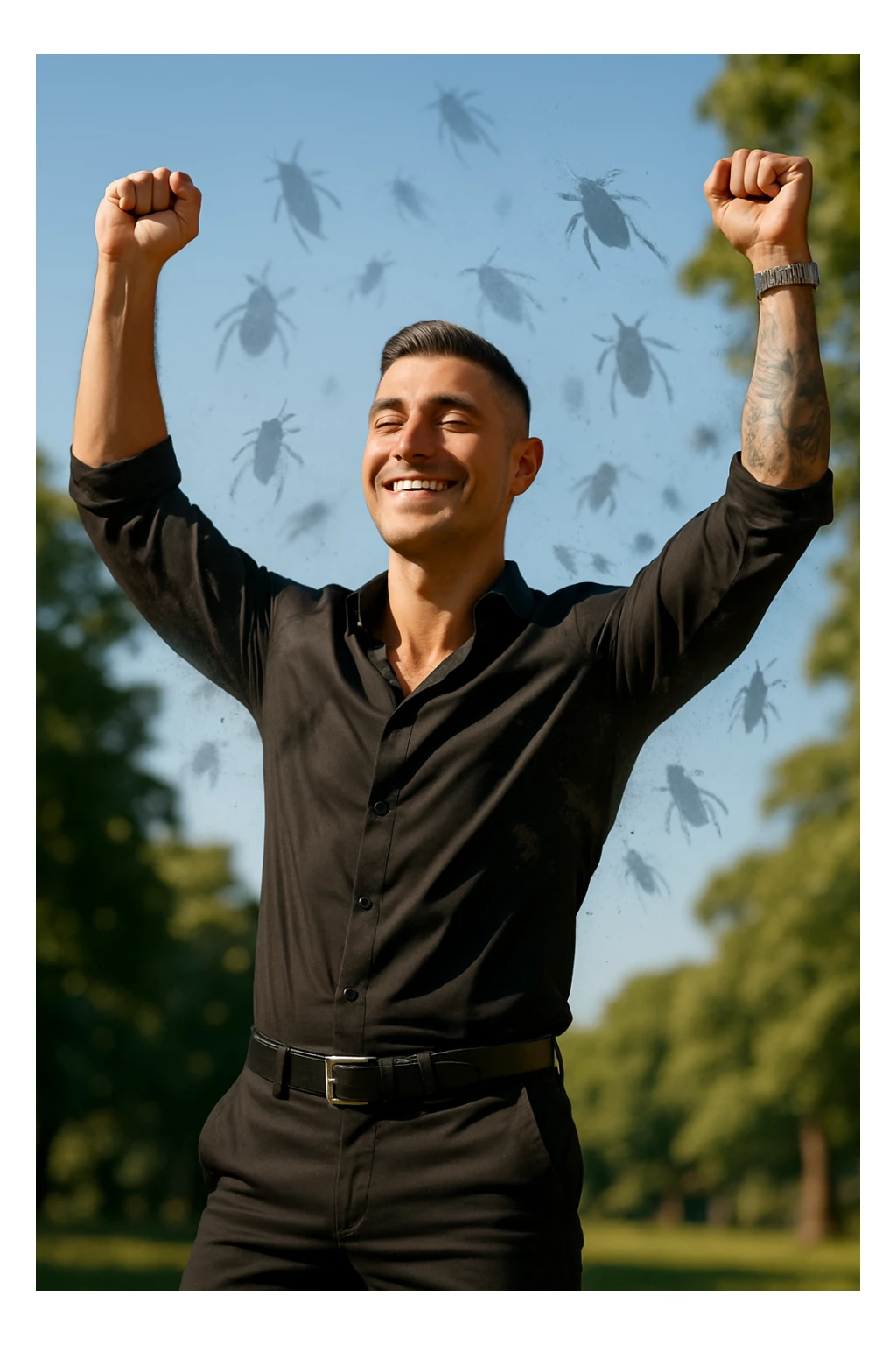a man stands outdoors in bright sunlight, arms raised in relief and joy, while faint, shadowy silhouettes of parasites fall away from his body and dissolve into the air. His posture is upright and energetic, his expression serene and healthy. The background features green trees and a clear sky, emphasizing liberation and restored well-being. sticker