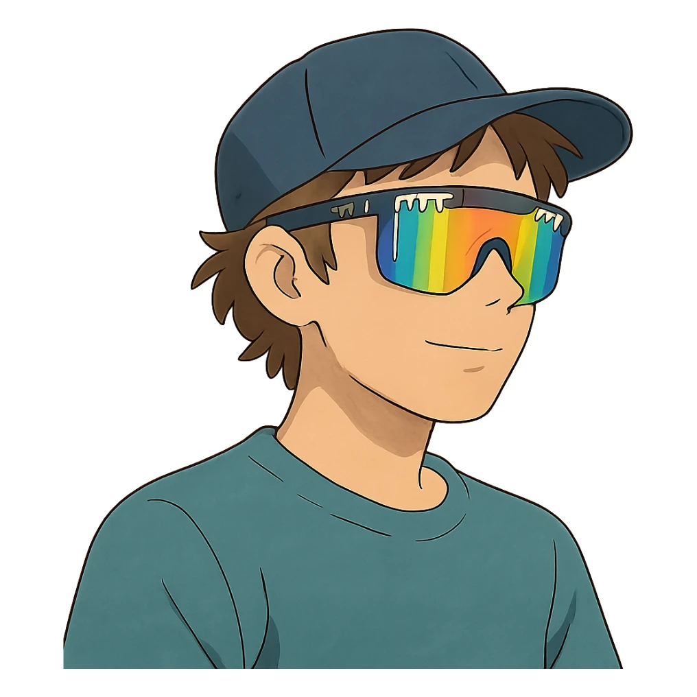 ghibli style guy with brown hair, baseball cap, wearing polarized Pit Viper glasses sticker