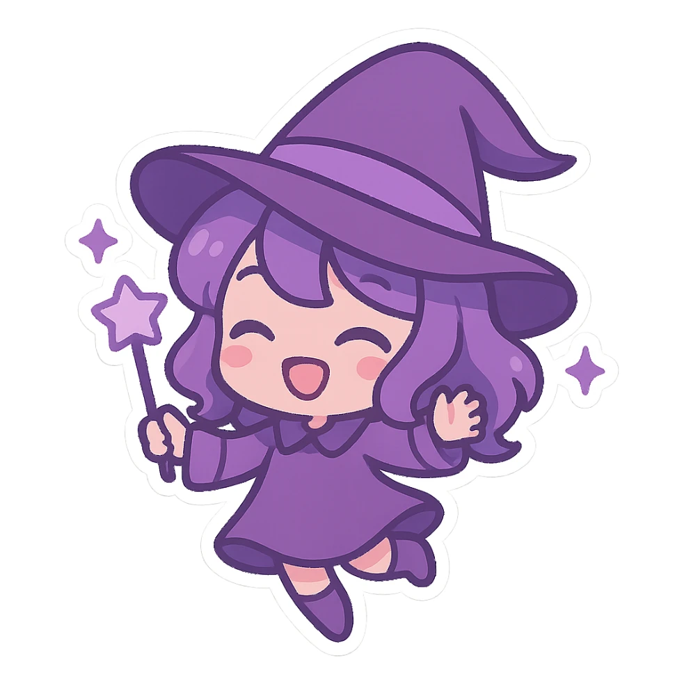 Purple Chibi stickers, cute witch hat, playful and magical, Chibi style sticker