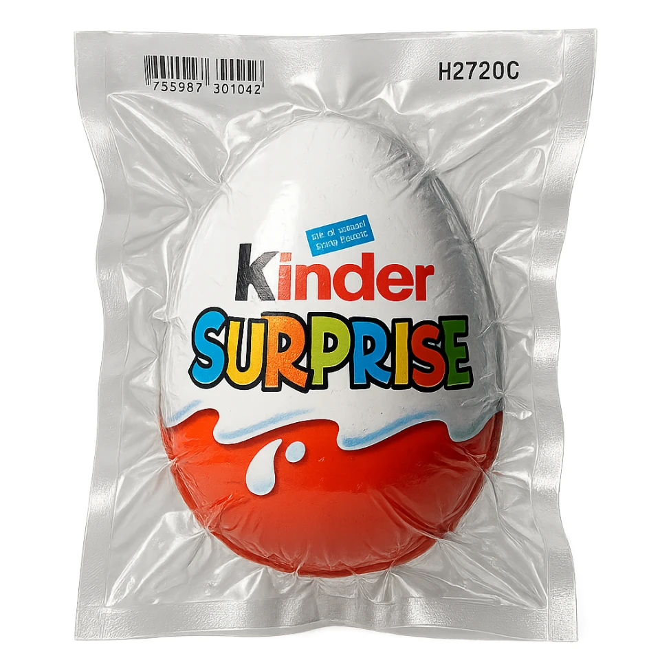 Kinder Surprise egg with standard packaging, glossy and puffy vacuum-sealed style sticker