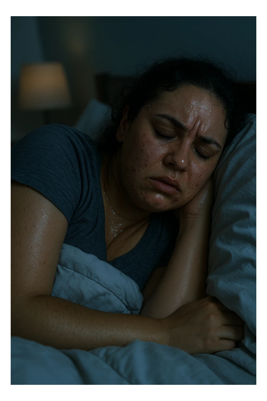 A realistic cinematic vertical 2:3 image of a woman with PCOS sleeping at night, showing signs of nocturnal glycemic instability such as sweating, agitation, and discomfort. Nighttime atmosphere with detailed, realistic features, minimal text. sticker