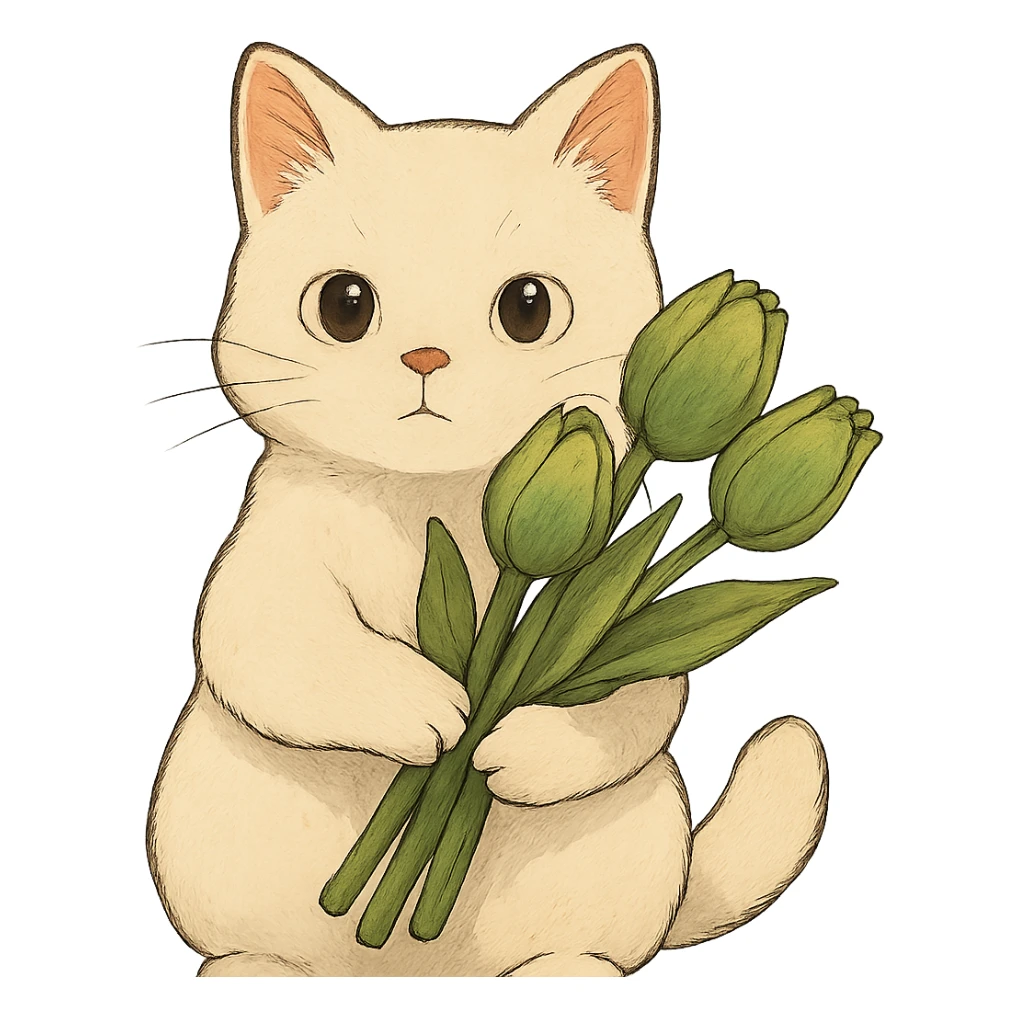 white cat holding green tulips sticker