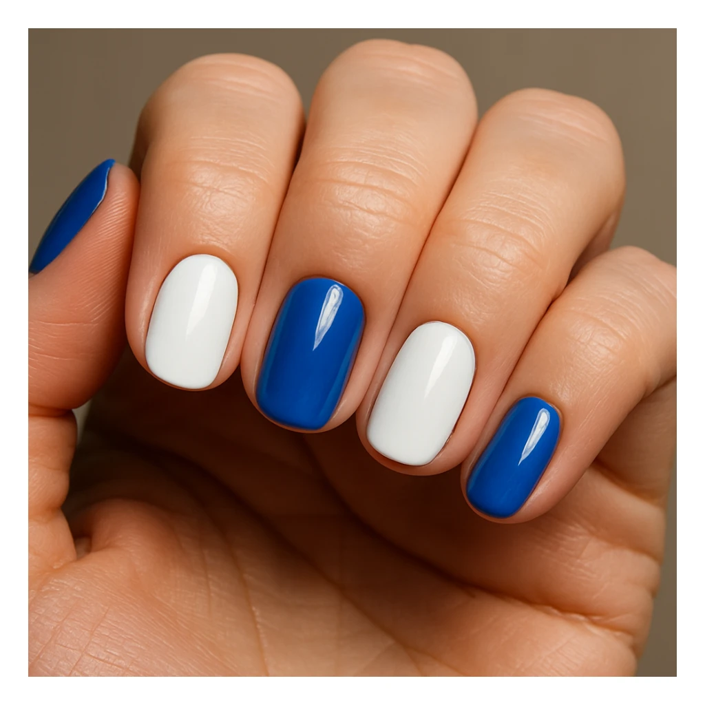 close-up of a hand showing all five fingernails, each nail painted either blue or white, with clear detail sticker