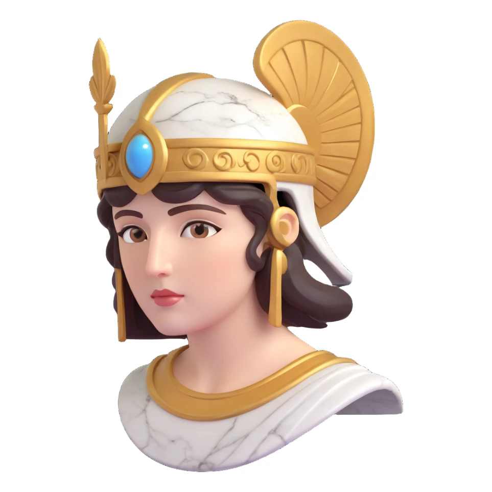 close-up 3D emoji of Athena's face, marble-like statue, helmet also marble, classical Greek goddess look sticker
