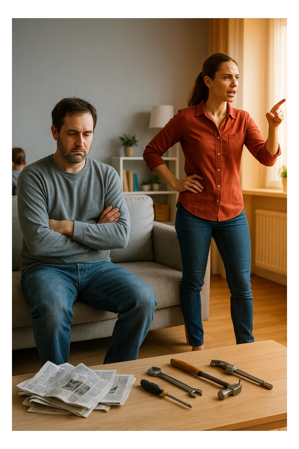 Uomo tra i 35 e i 45 anni, seduto in disparte sul divano con sguardo spento e postura chiusa, mentre la moglie, in piedi, gesticola con decisione e dirige la scena familiare (dando ordini ai figli o organizzando la casa). Intorno, simboli visivi della perdita di ruolo maschile: giornali accartocciati, strumenti da lavoro inutilizzati, l’uomo con vestiti trasandati o troppo neutri. La donna appare energica, determinata, mentre lui è passivo e disconnesso. Atmosfera domestica fredda o neutra. Colori sbiaditi attorno all’uomo, più vividi attorno alla donna. Stile realistico con tono simbolico. sticker