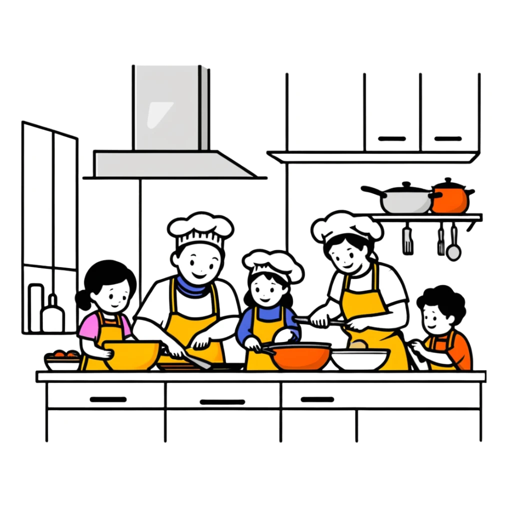 Family cooking together in the kitchen sticker