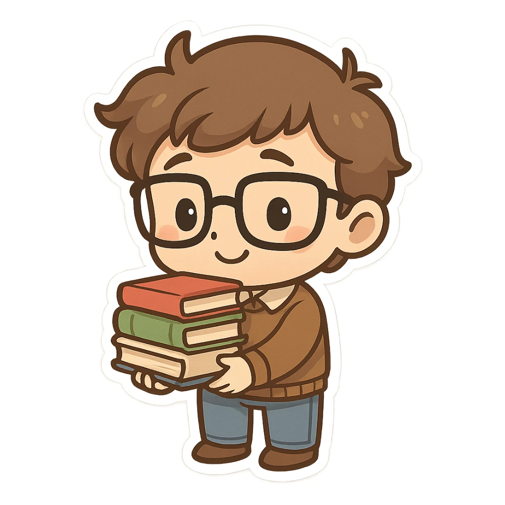 nerd with books, shy smile, cartoon style sticker