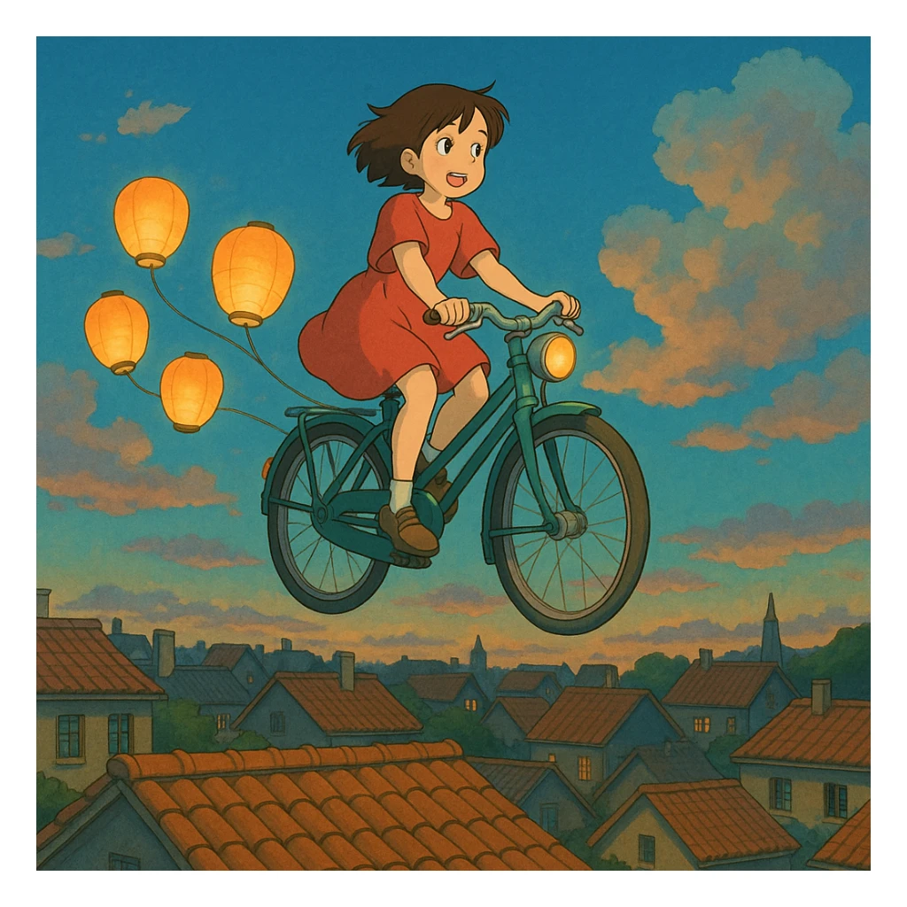 A girl riding a floating bike above the rooftops, with paper lanterns trailing behind.

 sticker