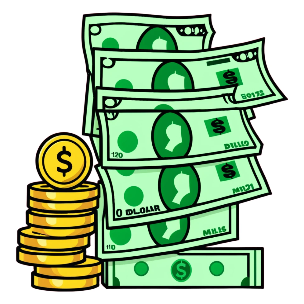 upward green arrow next to a tall growing stack of dollar bills and coins sticker