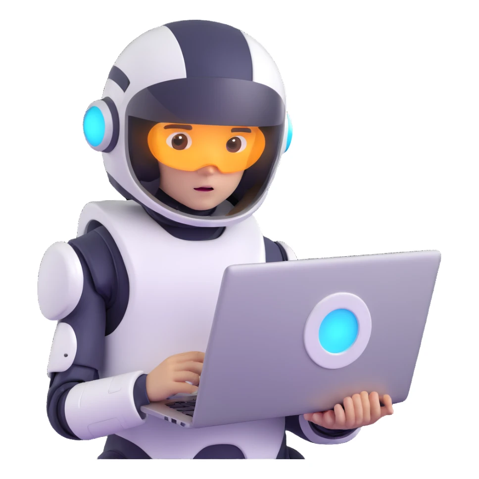 futuristic tech boy with robot helmet, glowing white circle, high-tech laptop, neon cyberpunk room, holographic displays, focused, mysterious sticker