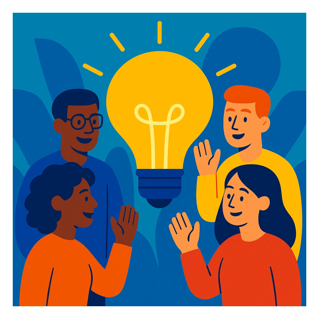 group of diverse people around a glowing lightbulb representing shared knowledge and teamwork sticker