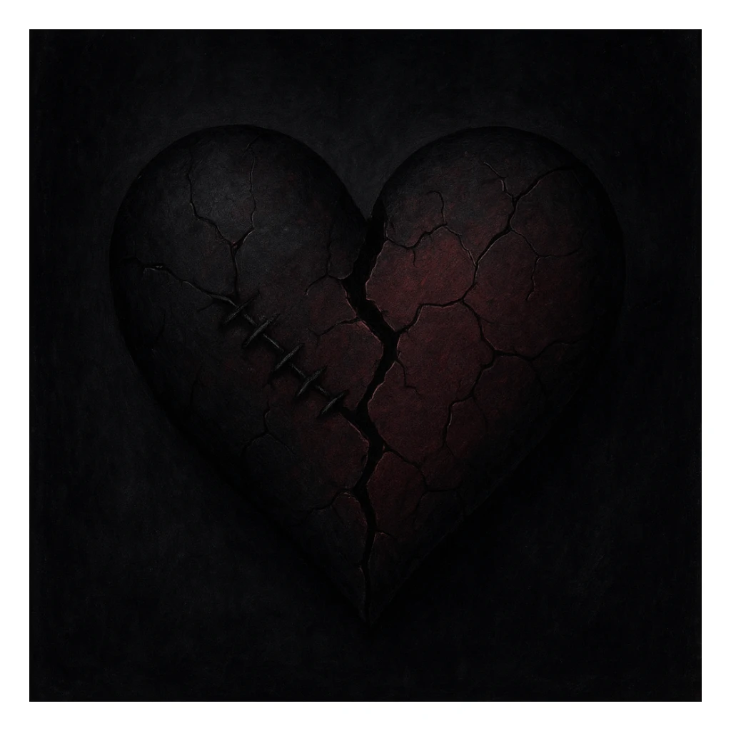 emo heart, black and deep red colors, stitched texture, broken or cracked appearance, moody atmosphere sticker