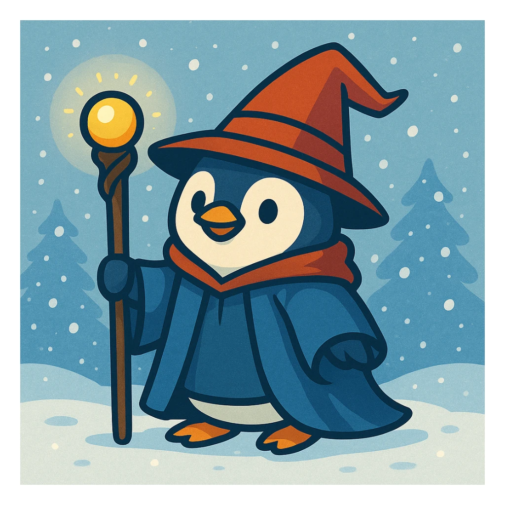 Add a snowy background behind the penguin wizard, keeping the whimsical style. sticker
