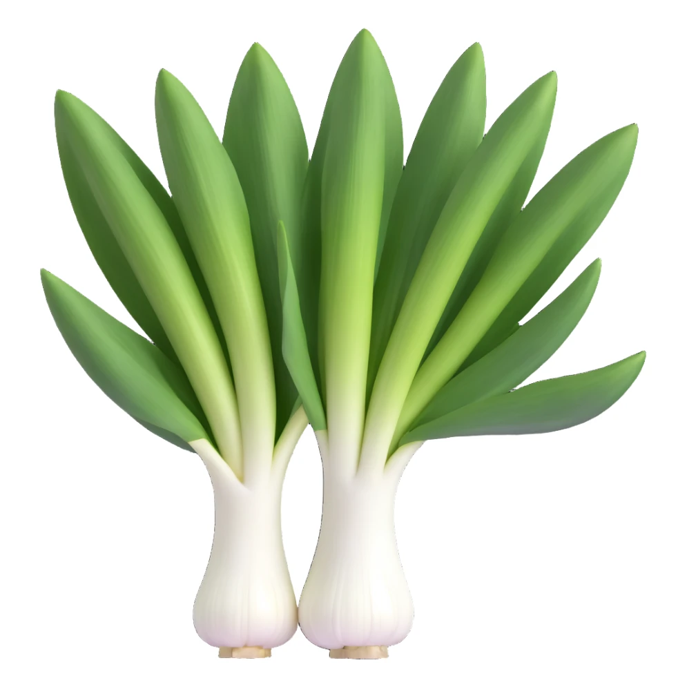 whole fresh leek with thick white stalk blending into pale and dark green flat leaves, leaves open and tidy, root end with fine roots, clean and moist, 3D emoji style, minimal, soft shadows, realistic lighting, organic shape, no face, no extra items, transparent background, emoji scale sticker