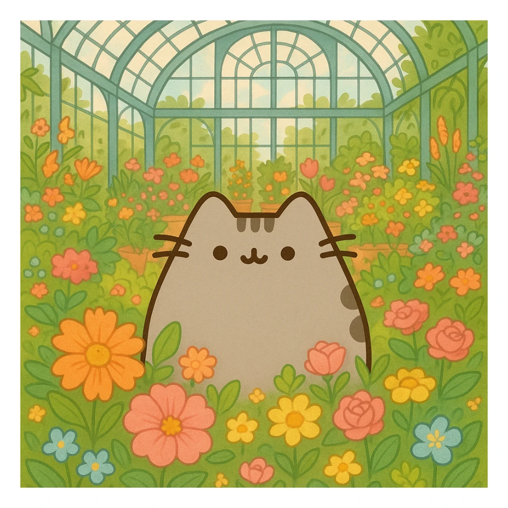 pusheen cat surrounded by flowers in a botanical garden greenhouse sticker