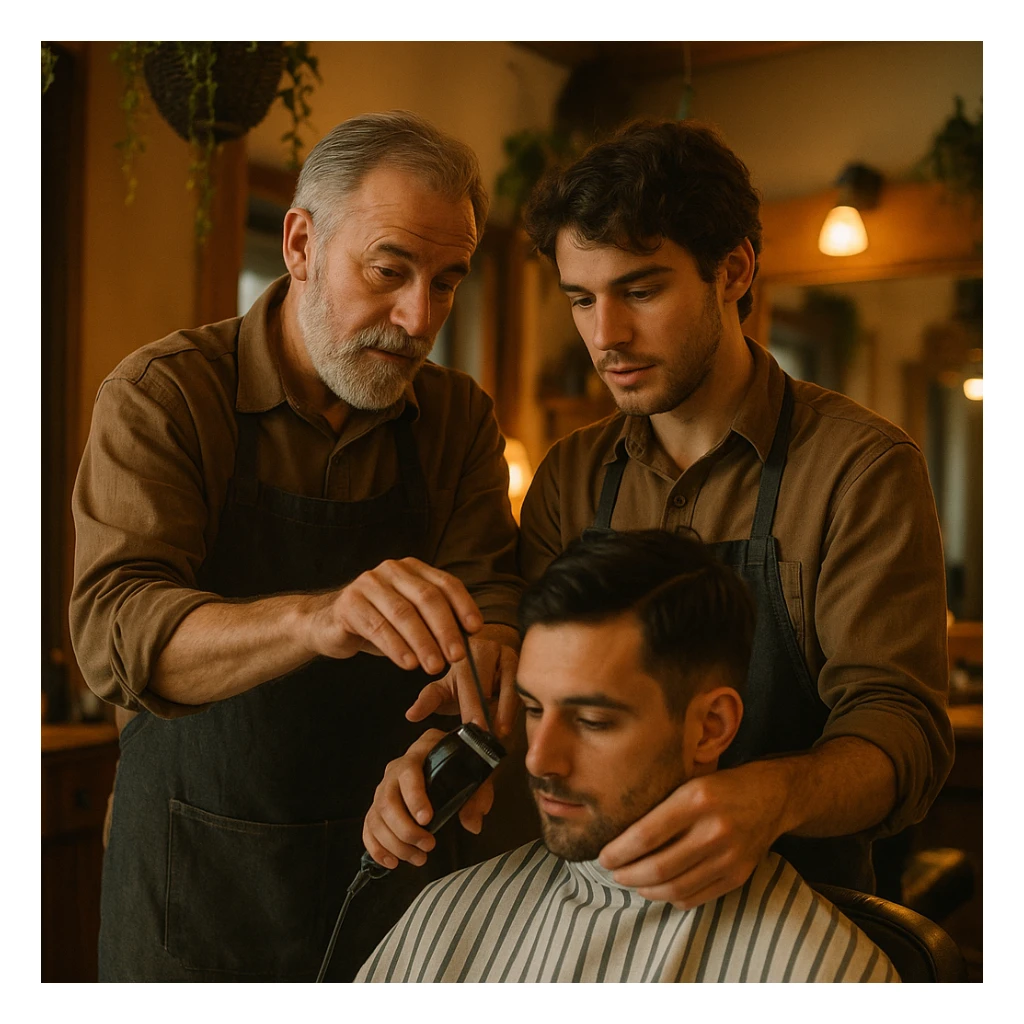 Inside a cozy barbershop with soft lighting, an experienced barber gently teaches his apprentice, guiding his hands as they cut hair together. The room is filled with warmth, plants hanging from the ceiling, and the hum of clippers sticker