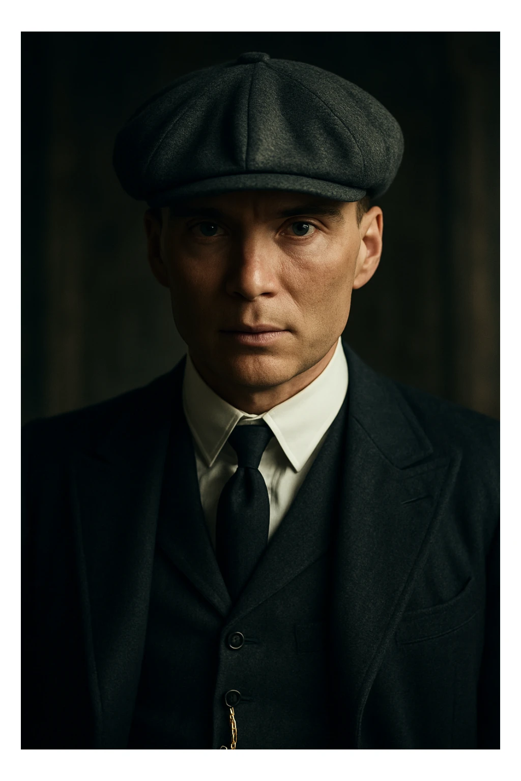 Thomas Shelby, Peaky Blinders character, sharp suit, flat cap, intense gaze, cinematic lighting sticker