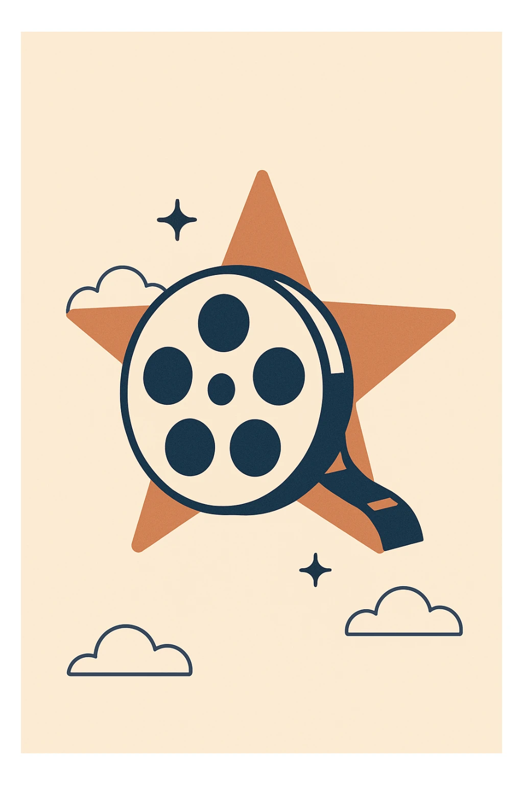 film reel floating in space with a warm copper-colored star behind it, minimal, flat design, copper and dark blue palette sticker