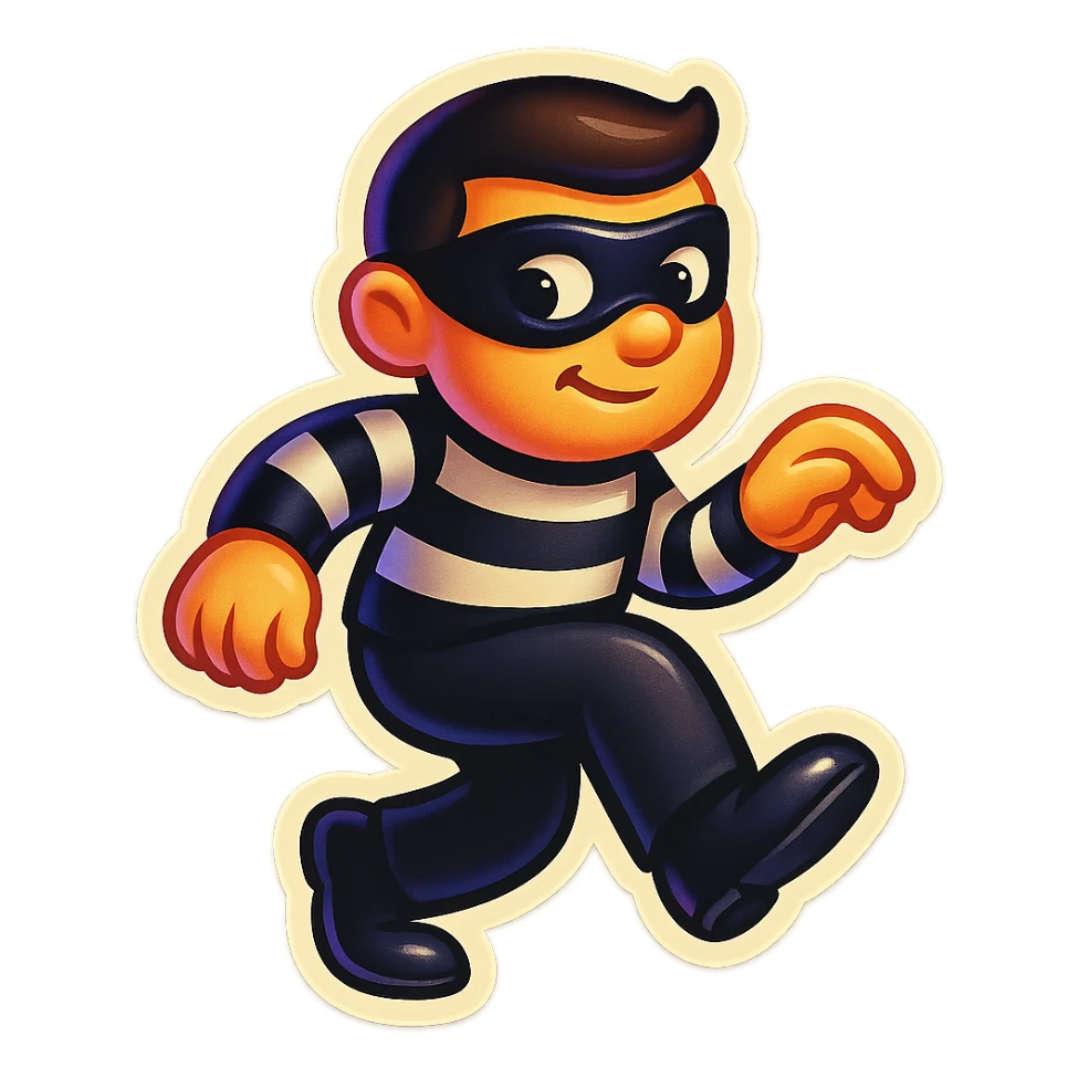 thief emoji with a mask, black and white suit, tiptoeing, playful vibe sticker