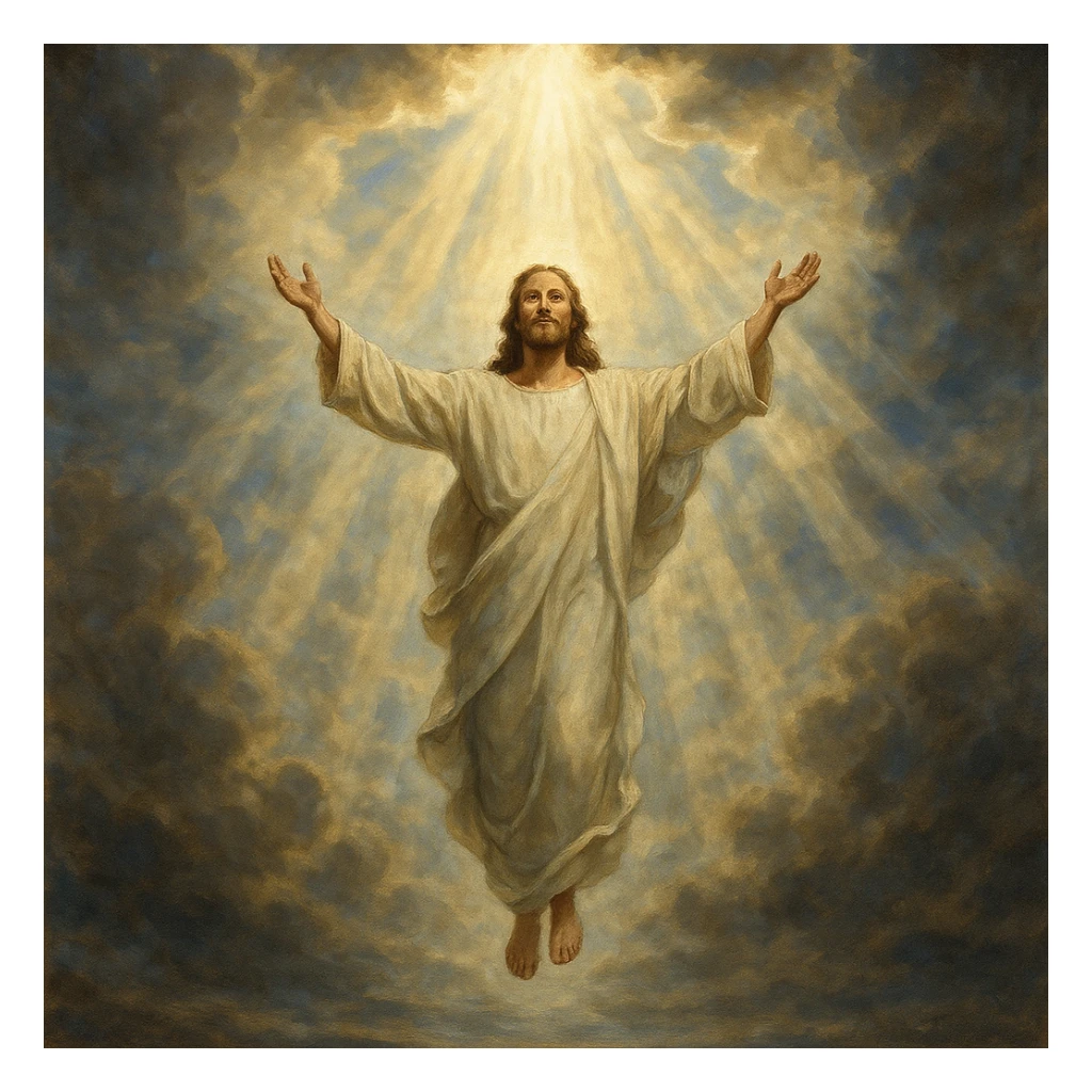 Jesus' ascension, figure rising with open arms, sky dramatically opening with beams of light, spiritual and hopeful sticker
