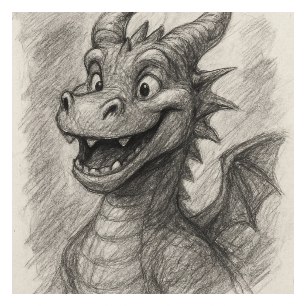 a friendly dragon with a big smile, pencil sketch style sticker