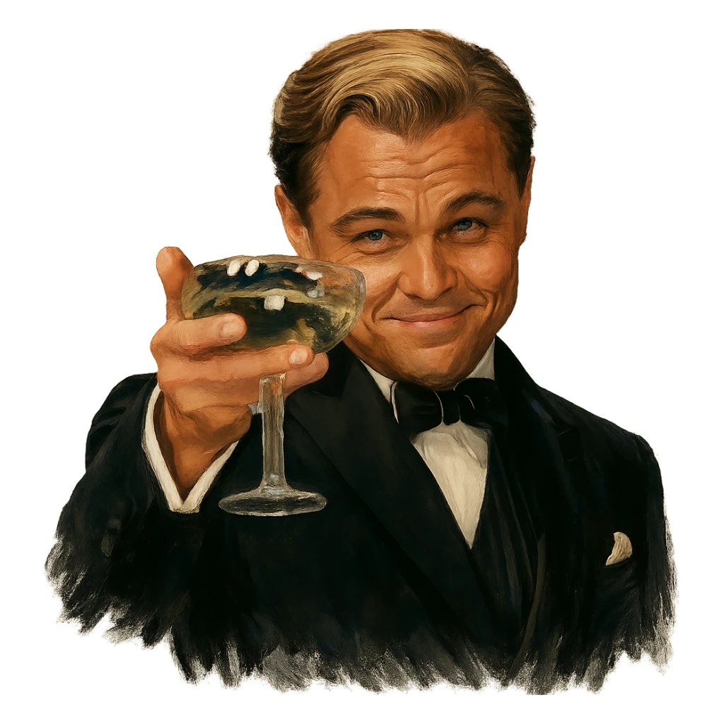 Сделай знаменитый мем с Ди Каприо из Великого Гэтсби, слегка рисованный, но при этом реалистичный объемный стиль, прозрачный фон sticker