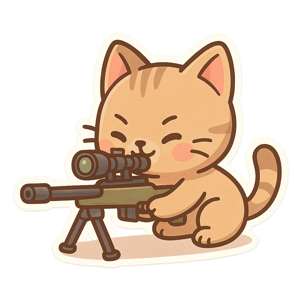 a cartoon cat aiming a sniper rifle, playful style sticker