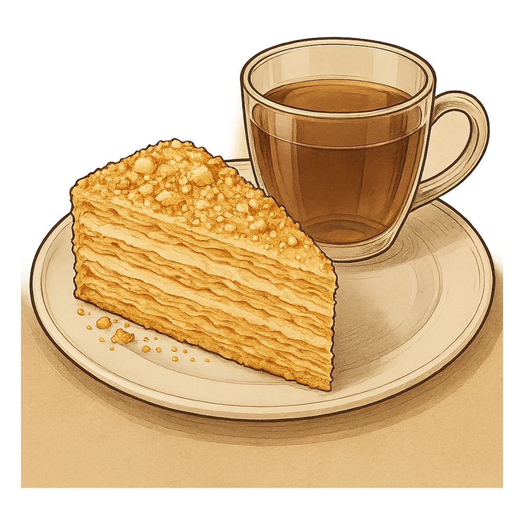 Используя такую стилистику сгенерируй тарелку, на которой лежит кусок торта Наполеон, прозрачный sticker