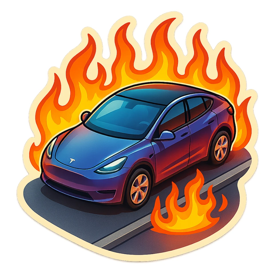 A Tesla Model Y parallel parking at a curb, from above, with fire around sticker