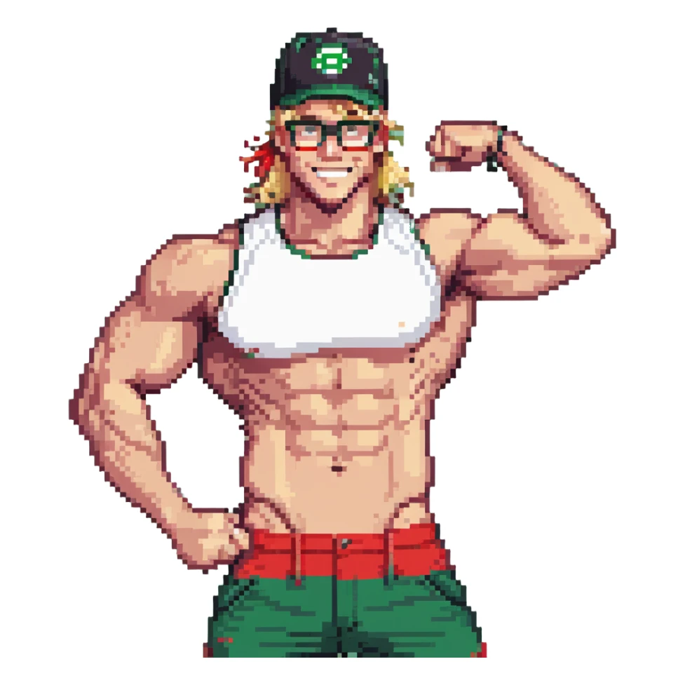 Man with black and white cap that says VANOMAS, bare muscular torso, red shorts, clear glasses, messy blond mullet hairstyle, flexing muscles and smiling sticker