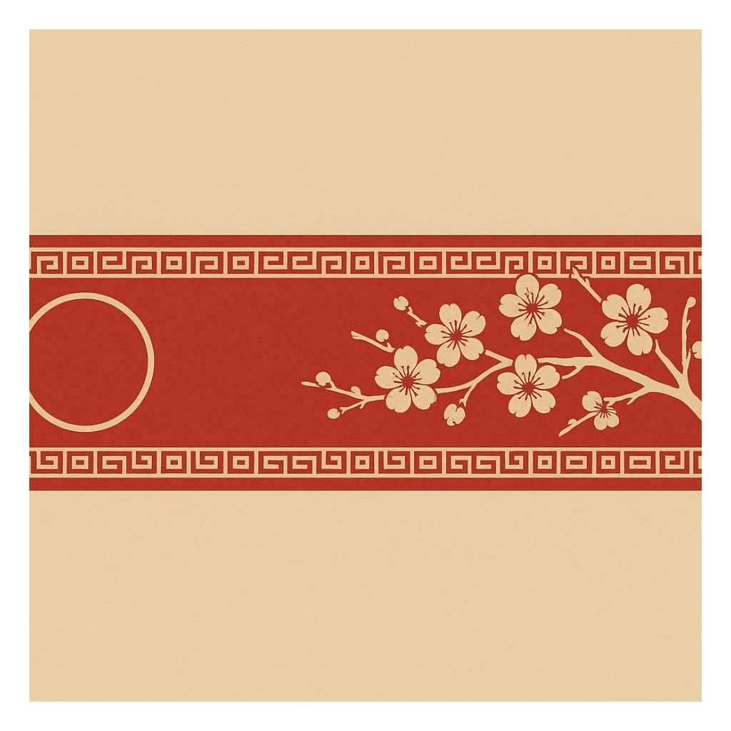 eastern style plaque for post signature, ultra long horizontal rectangle 1200x100px, only red and sand colors, with round gold ornament, sakura branch, no text sticker