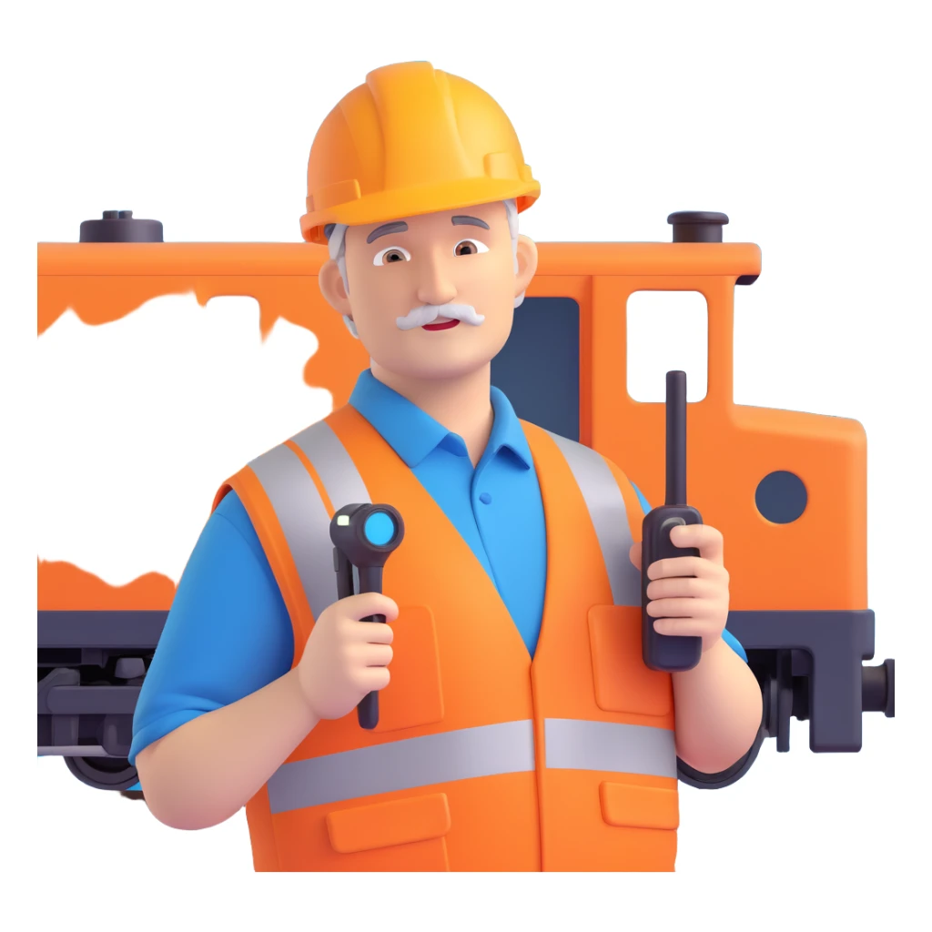 friendly middle-aged man in Network Rail uniform: orange vest, hard hat, holding a walkie-talkie, standing by a train sticker