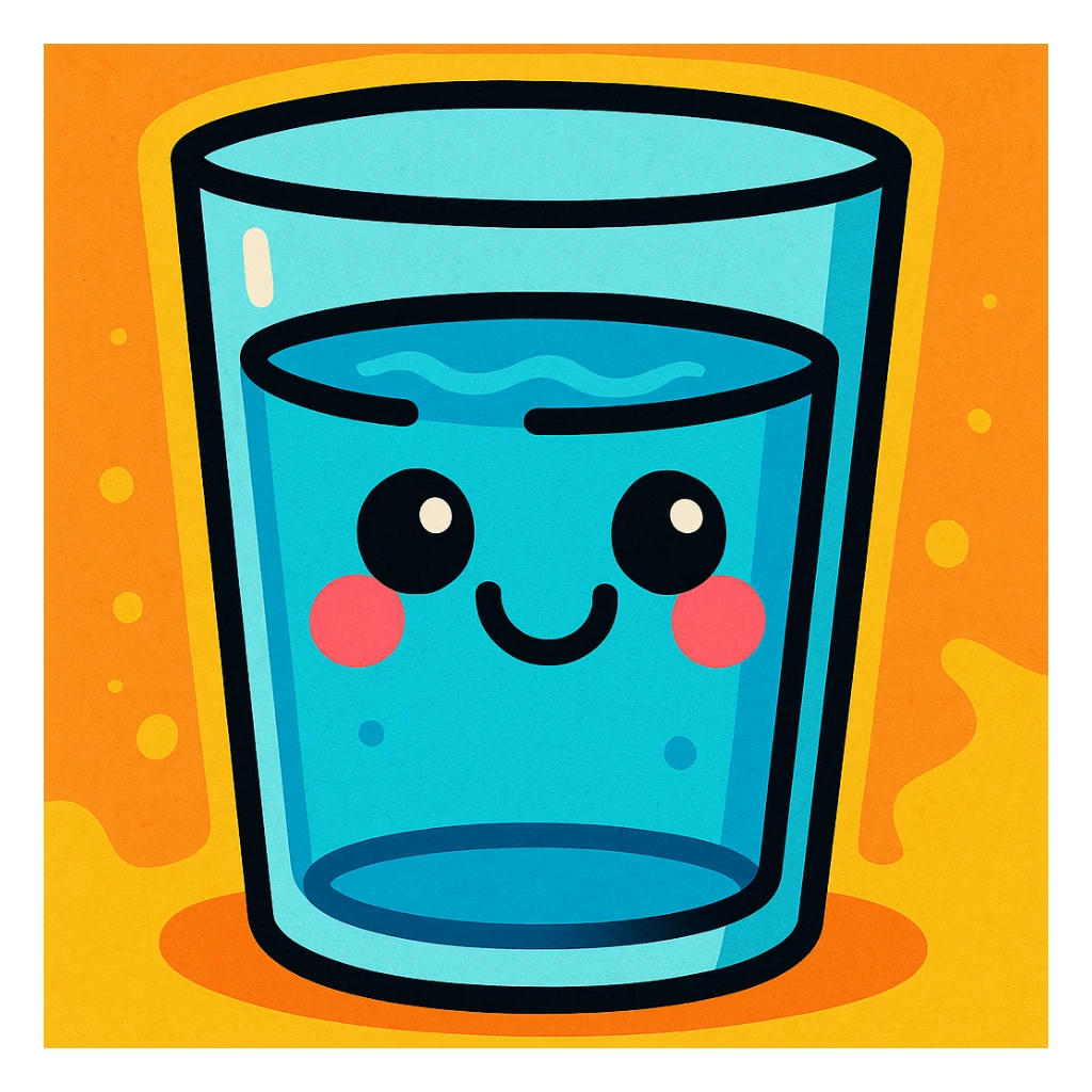 cartoon style glass of water with a smiling face sticker