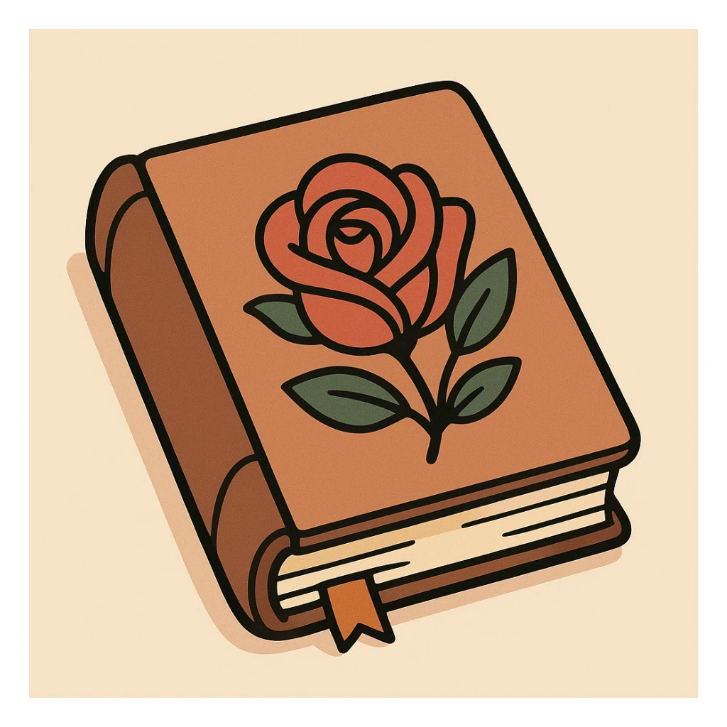 a book with a stylized rose pattern on the cover, modern look, flat toon style sticker