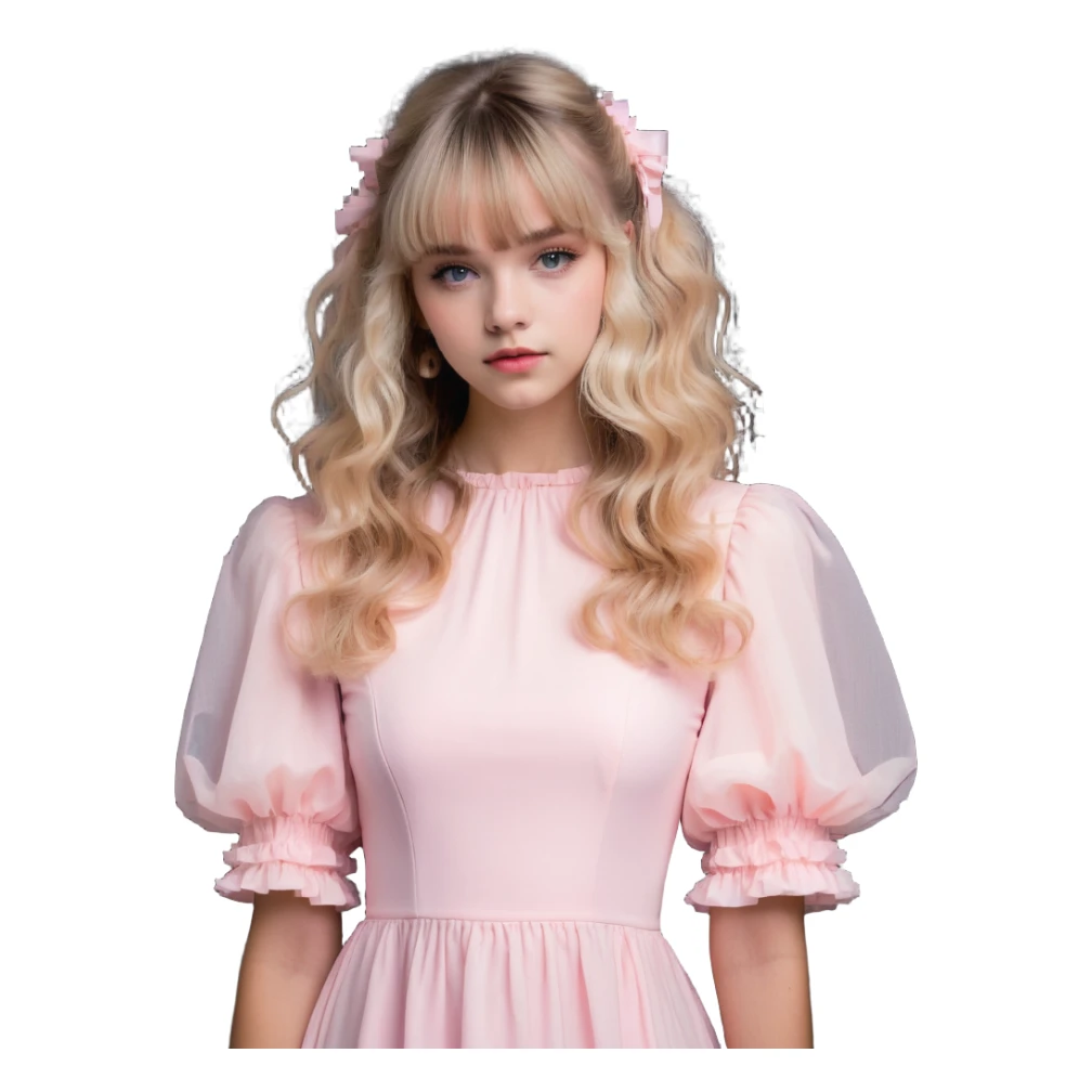 white or light brown girl with bangs, long light brown hair with curly blonde highlights, wearing a pastel pink dress with puff sleeves sticker