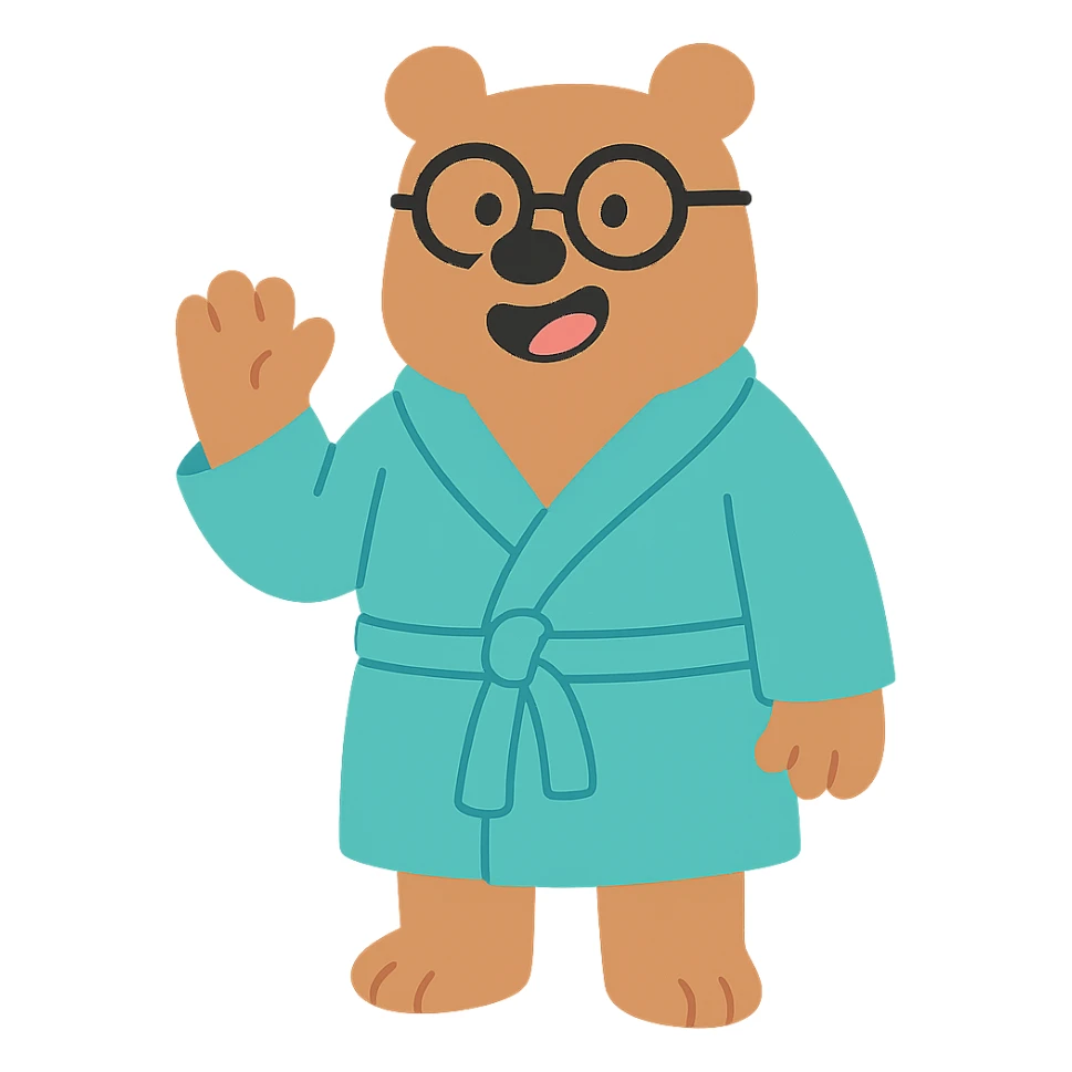 A cartoon bear wearing glasses and a bathrobe sticker