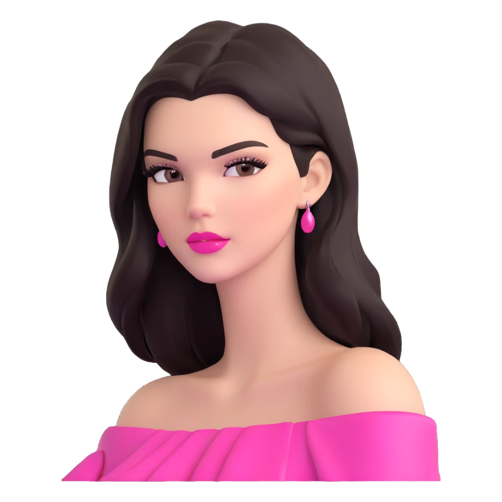 Kendall Jenner supermodel, longer face, long dark hair, bright pink glossy lipgloss, rosy pink blush, bare shoulders sticker
