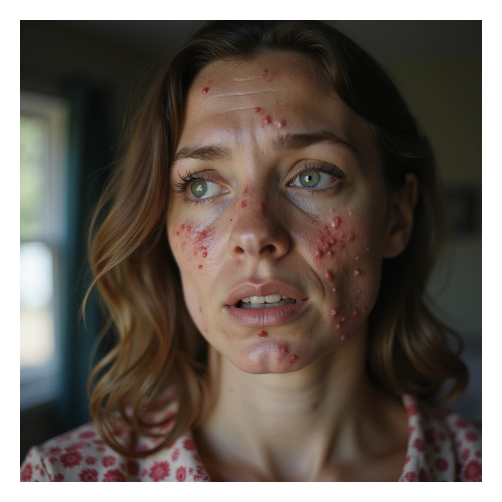 hyperrealistic 4K detailed image of a woman with estrogen and progesterone hormonal imbalance, face with acne concentrated on chin and jawline, shiny skin, worried expression, domestic environment sticker