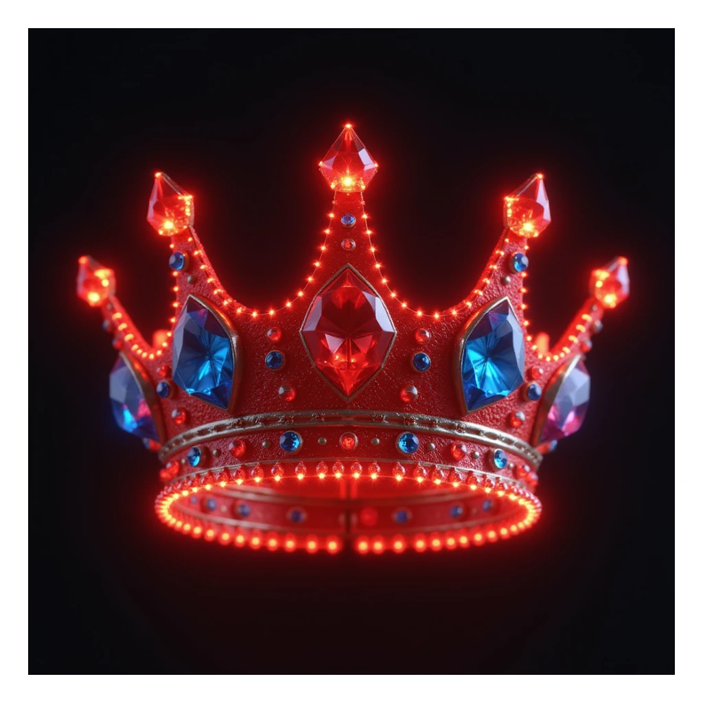 realistic glowing red crown with large red and blue gems, intense glow, photorealistic sticker