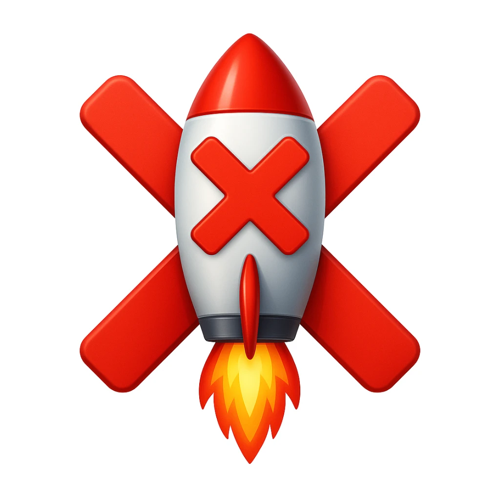 Make the X cross go from side to side, extending outside the rocket, in emoji style. The style should resemble apple style emojis with clear and concise design, focusing on the X cross extending beyond the rocket's sides. sticker