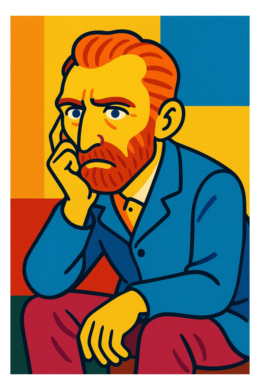 Van Gogh sitting and thinking, modern cartoon stylization, bright colors, prominent facial features sticker