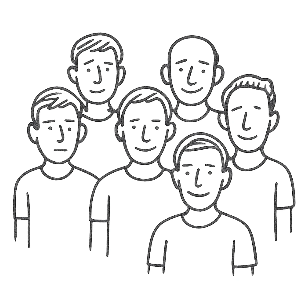 group of 6 men, white skin tone, white shirts, hand-drawn style sticker