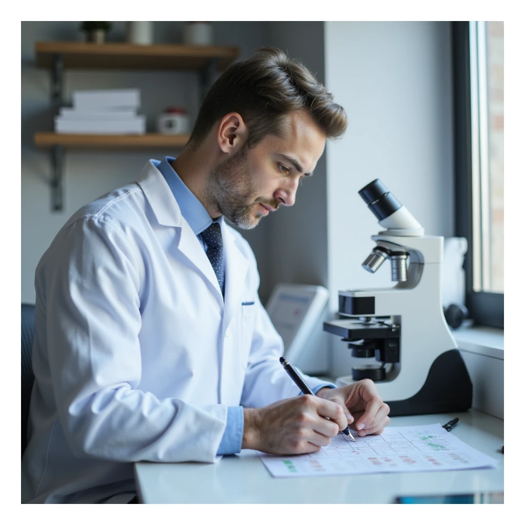 realistic doctor noting fecal analysis results on a form, microscope and slides on table, modern laboratory sticker