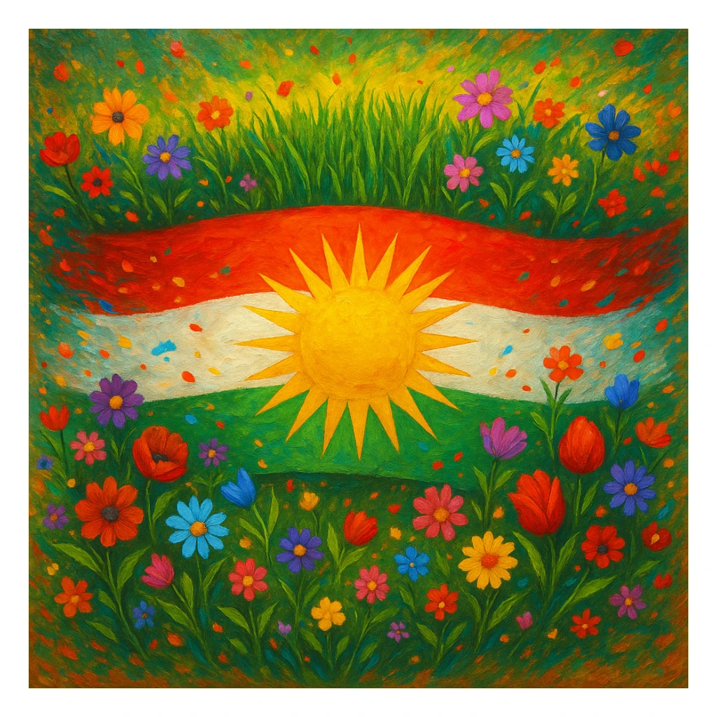 Kurdistan flag with Nowruz effect, featuring green, white, red colors and a yellow sun in the center of the flag, decorated with Nowruz elements like flowers, green grass, and festive atmosphere, vibrant and celebratory, detailed and colorful, in a different artistic style sticker