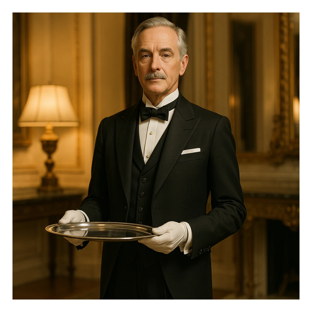 a sophisticated butler, elegant, formal attire, holding a silver tray, in a luxurious setting, refined and detailed, professional and dignified sticker