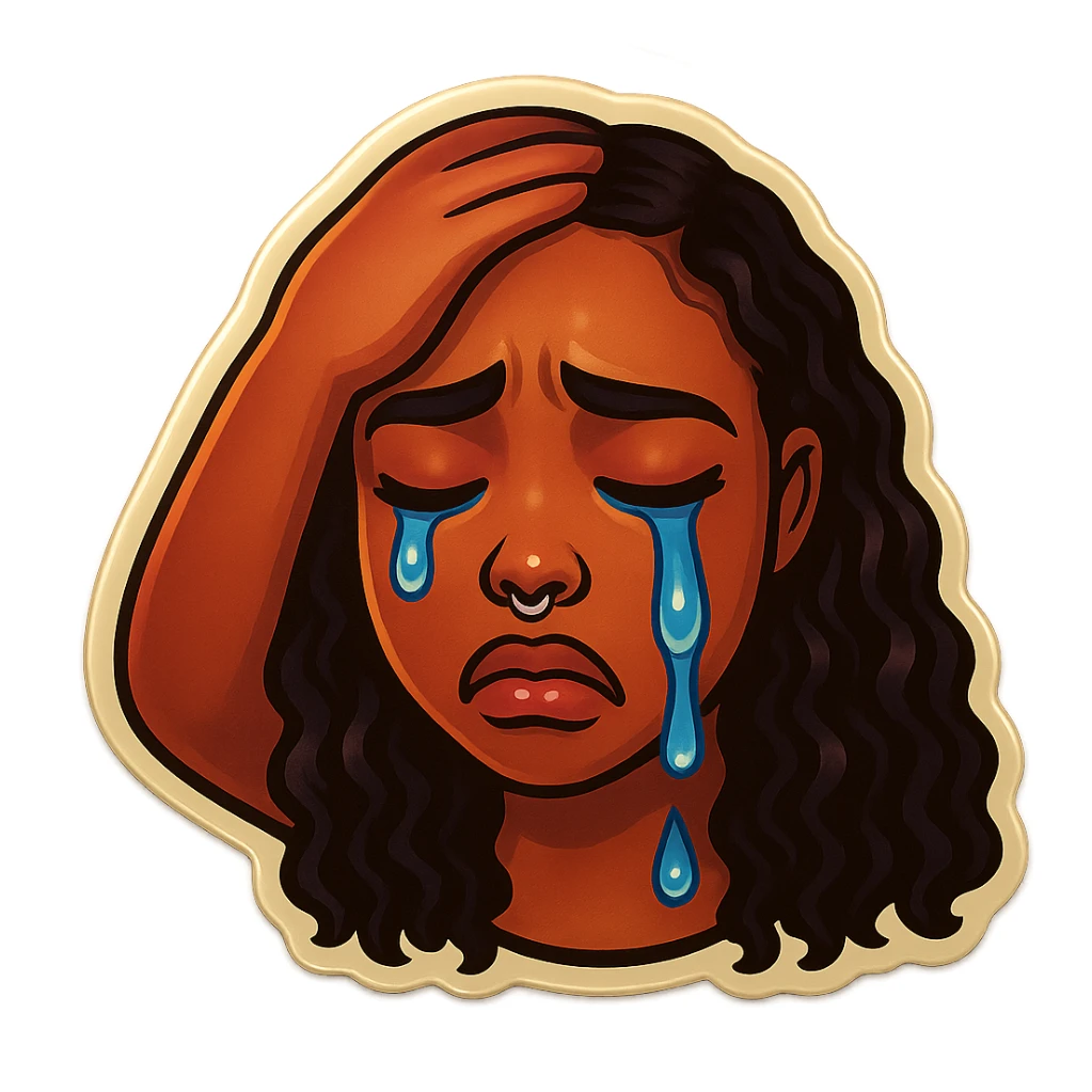 Crying Tears rolling down face 
Mouth Pout
one hand on head 
head down
 sticker